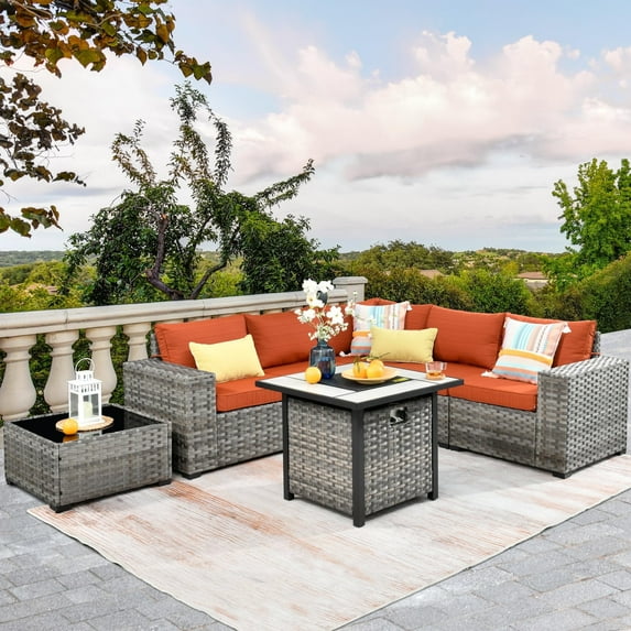Vcatnet 7 Pieces Patio Furniture Outdoor Wicker Conversation Set with Fire Pit Table and Coffee Table,Orange Red