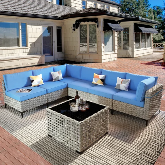 Vcatnet 7 Pieces Patio Outdoor Conversation Set All Weather Wicker Furniture Sectional Sofa Set with Solar Lamp Coffee Table,Diamond Blue