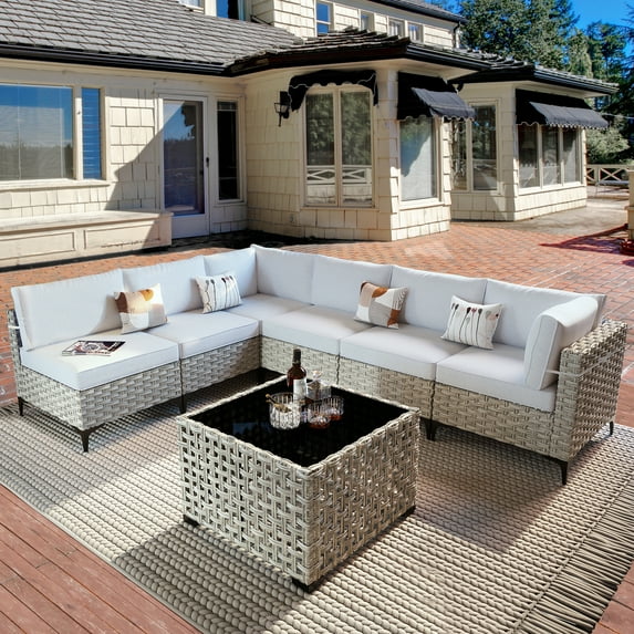 Vcatnet 7 Pieces Patio Outdoor Conversation Set All Weather Wicker Furniture Sectional Sofa Set with Solar Lamp Coffee Table,Gray
