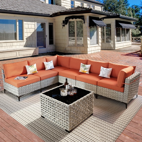Vcatnet 7 Pieces Patio Outdoor Conversation Set All Weather Wicker Furniture Sectional Sofa Set with Solar Lamp Coffee Table,Orange Red
