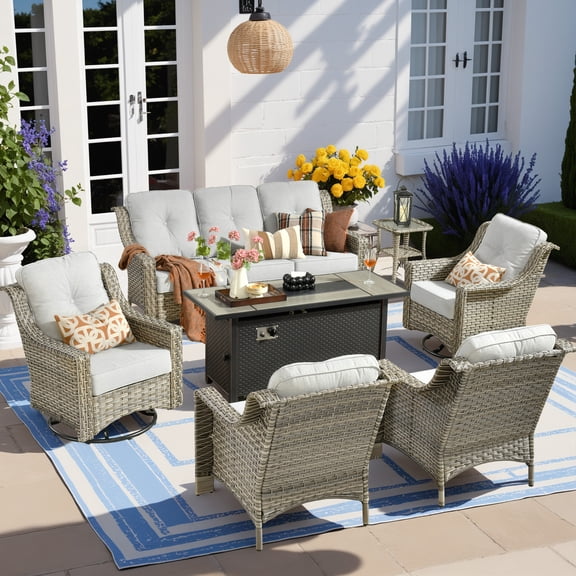 Vcatnet 7 Pieces Patio Outdoor Conversation Set with 54" Fire Pit High Back Rattan Wicker Furniture Outdoor Sectionals with Swivel Rocking Chairs Gray