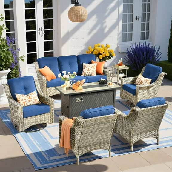 Vcatnet 7 Pieces Patio Outdoor Conversation Set with 54" Fire Pit High Back Rattan Wicker Furniture Outdoor Sectionals with Swivel Rocking Chairs Navy Blue