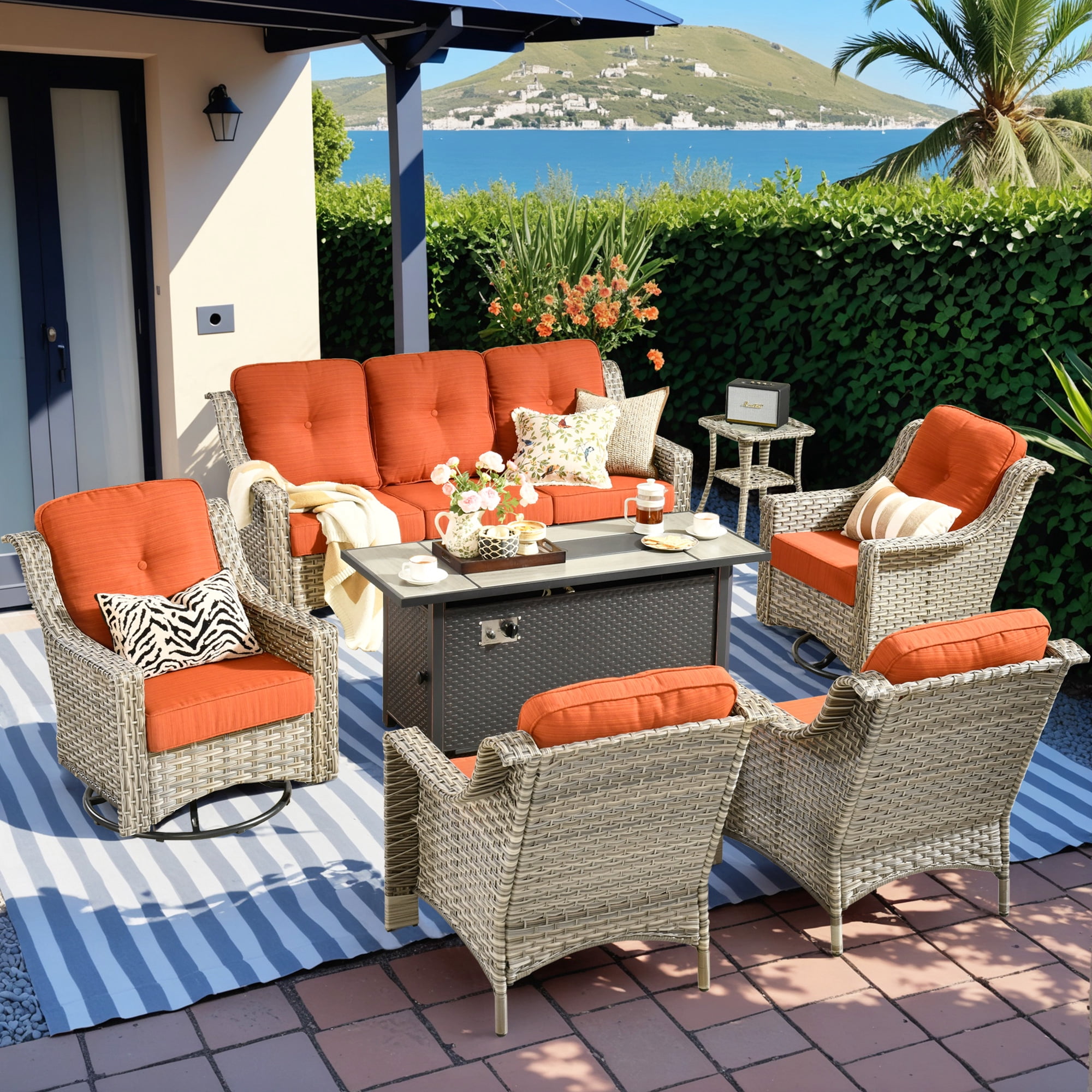 Vcatnet 7 Pieces Patio Outdoor Conversation Set with Fire Pit High Back