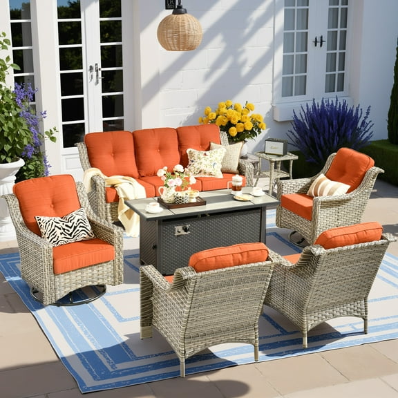 Vcatnet 7 Pieces Patio Outdoor Conversation Set with 54" Fire Pit High Back Rattan Wicker Furniture Outdoor Sectionals with Swivel Rocking Chairs Orange Red