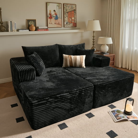 Vcatnet 75" Oversized Modular Sectional Sofa Cloud Couch Plush Corduroy Chaise Lounge Loveseat Sofa Bed Upholstered Sleeper Sofa for Living Room and Bedroom, Black