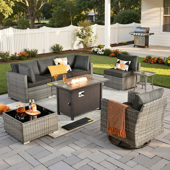 Vcatnet Outdoor Conversation Set, 8 Pieces Sectional Sofa with Fire Pit, All Weather Wicker Patio Furniture Set with Swivel Rocker Black