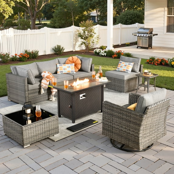 Vcatnet Outdoor Conversation Set, 8 Pieces Sectional Sofa with Fire Pit, All Weather Wicker Patio Furniture Set with Swivel Rocker Dark Gray