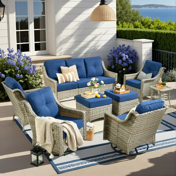 Vcatnet 8 Pieces Outdoor Conversation Set Sectional Sofa All Weather Wicker High-Back Patio Furniture Set with Swivel Rocking Chairs and Ottoman, Navy Blue
