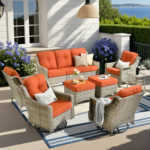 Vcatnet 8 Pieces Outdoor Conversation Set Sectional Sofa All Weather Wicker High-Back Patio Furniture Set with Swivel Rocking Chairs and Ottoman, Orange Red