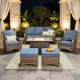 thumbnail image 1 of Vcatnet Outdoor Patio Furniture with Fire Pit 7 Pieces Sectioal Sofa All Weather Wicker High-Back Conversation Set with Swivel Glider Rockers, Denim Blue, 1 of 10