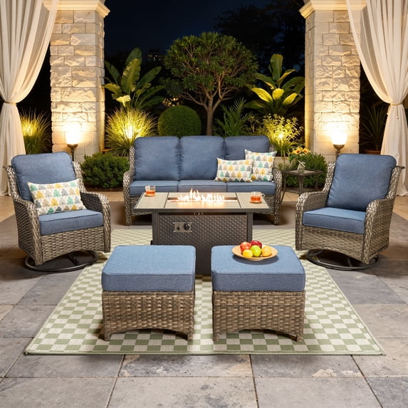 Vcatnet Outdoor Patio Furniture with Fire Pit 7 Pieces Sectioal Sofa All Weather Wicker High-Back Conversation Set with Swivel Glider Rockers, Denim Blue