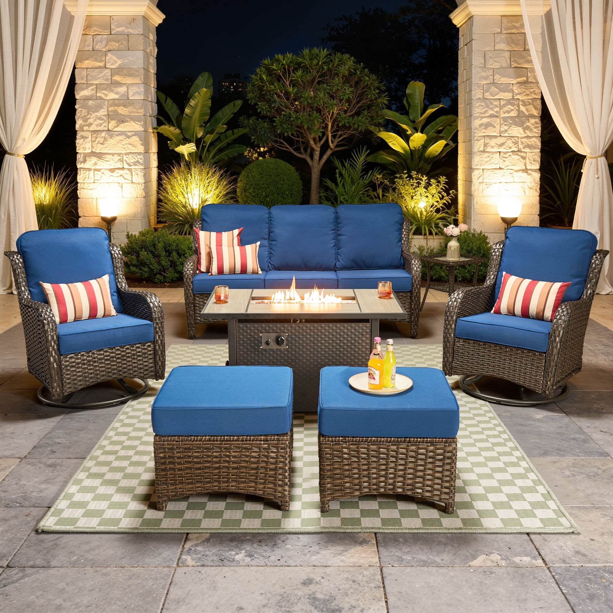 Vcatnet Outdoor Patio Furniture with Fire Pit 7 Pieces Sectioal Sofa All Weather Wicker High-Back Conversation Set with Swivel Glider Rockers, Navy Blue