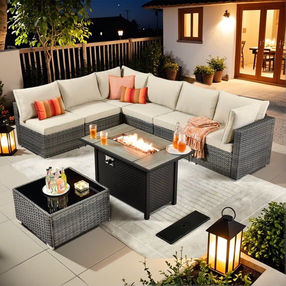 Vcatnet 8 Pieces Patio Furniture with Fire Pit Wicker Outdoor Conversation Set Outside Sectional Sofa with Coffee Table Beige