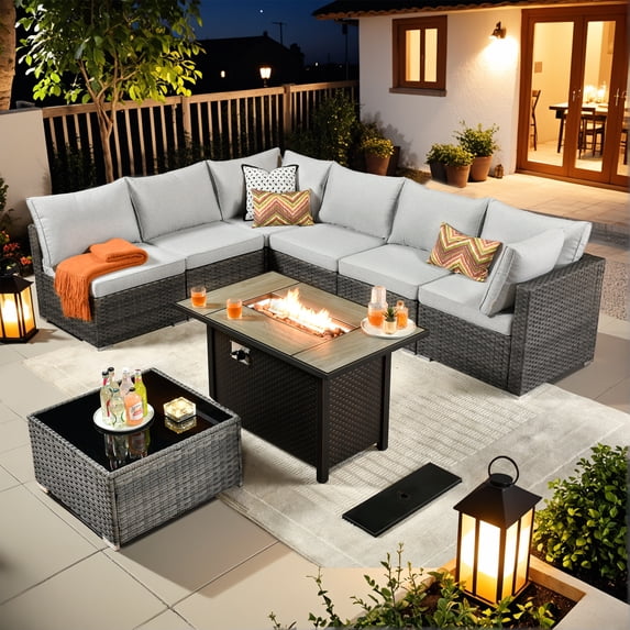 Vcatnet 8 Pieces Patio Furniture with Fire Pit Wicker Outdoor Conversation Set Outside Sectional Sofa with Coffee Table Gray