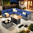 thumbnail image 1 of Vcatnet 8 Pieces Patio Furniture with Fire Pit Wicker Outdoor Conversation Set Outside Sectional Sofa with Coffee Table Navy Blue, 1 of 9