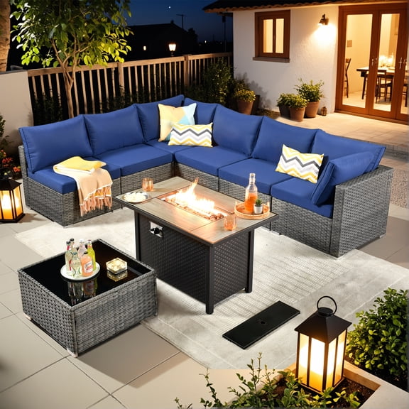 Vcatnet 8 Pieces Patio Furniture with Fire Pit Wicker Outdoor Conversation Set Outside Sectional Sofa with Coffee Table Navy Blue