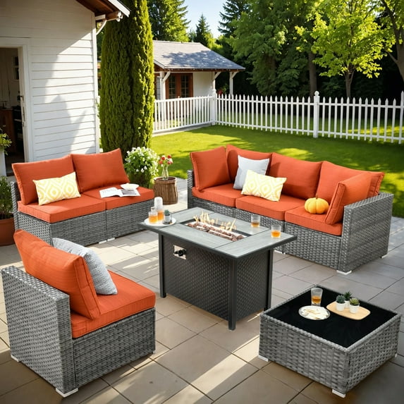 Vcatnet 8 Pieces Outdoor Patio Furniture, Sectional Sofa with Fire Pit Table, All Weather Wicker Conversation Set with Coffee Table, Orange Red