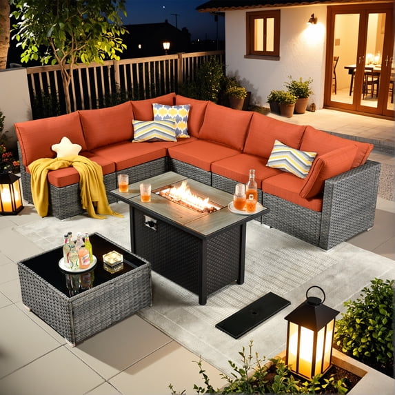 Vcatnet 8 Pieces Patio Furniture with Fire Pit Wicker Outdoor Conversation Set Outside Sectional Sofa with Coffee Table Orange Red