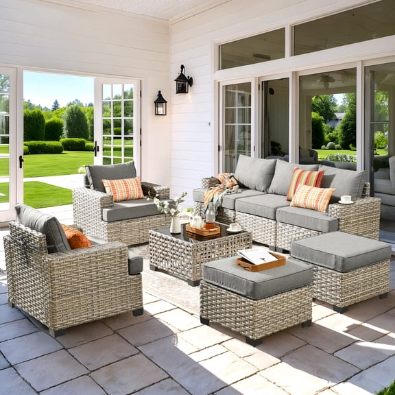 Vcatnet 8 Pieces Outdoor Patio Furniture Sectional Sofa PE Rattan Wicker Conversation Set with Solar Powered Coffee Table for Porch, Backyard, Dark Gray