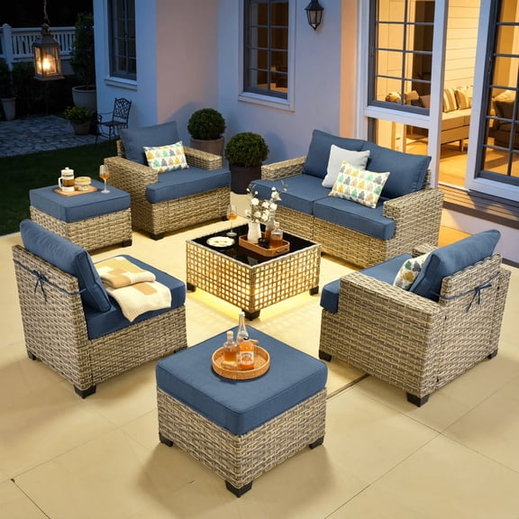Vcatnet 8 Pieces Outdoor Patio Furniture Sectional Sofa PE Rattan Wicker Conversation Set with Solar Powered Coffee Table for Porch, Backyard, Denim Blue