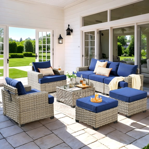 Vcatnet 8 Pieces Outdoor Patio Furniture Sectional Sofa PE Rattan Wicker Conversation Set with Solar Powered Coffee Table for Porch, Backyard, Navy Blue