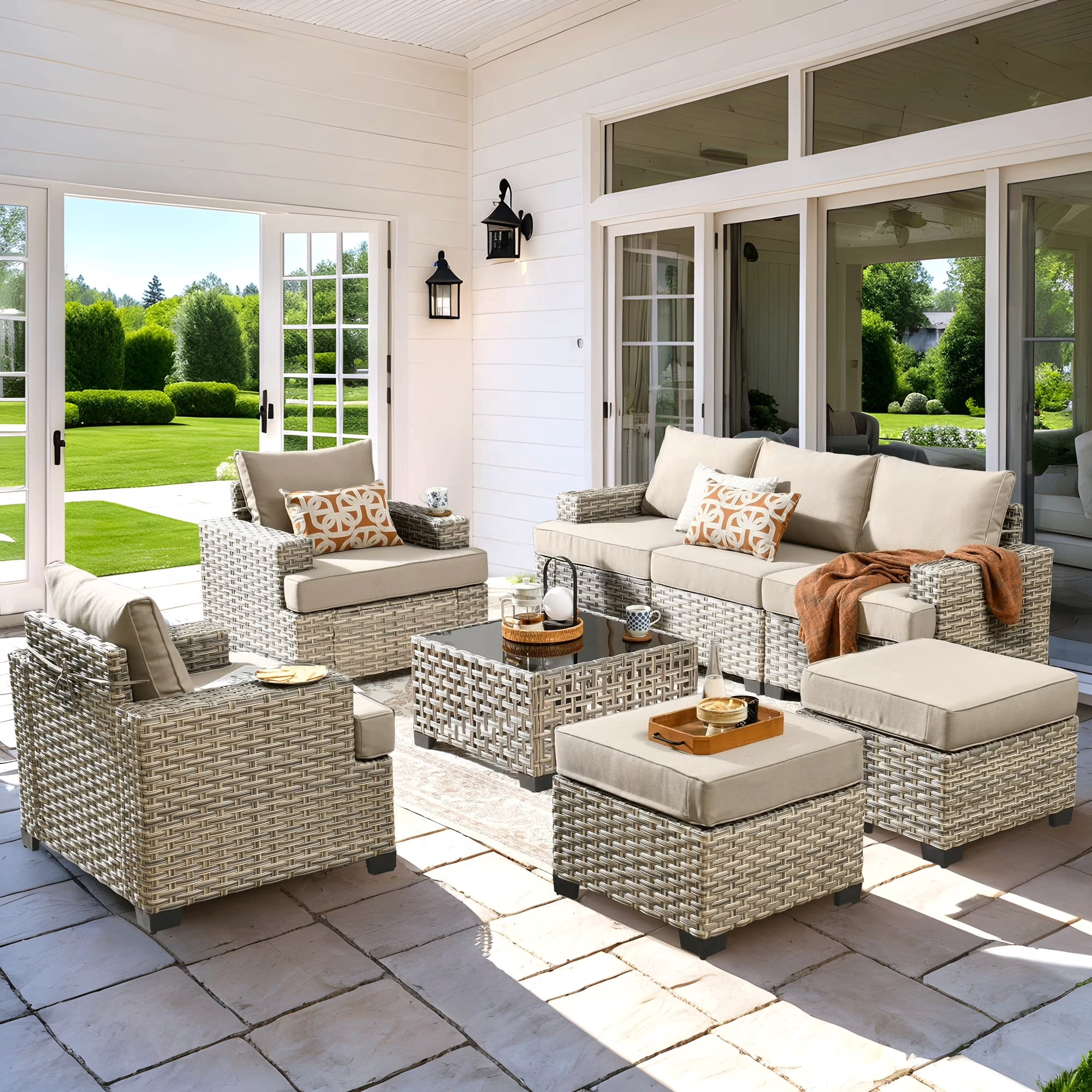Vcatnet 8 Pieces Outdoor Patio Furniture Sectional Sofa PE Rattan Wicker Conversation Set with Solar Powered Coffee Table for Porch, Backyard, Beige