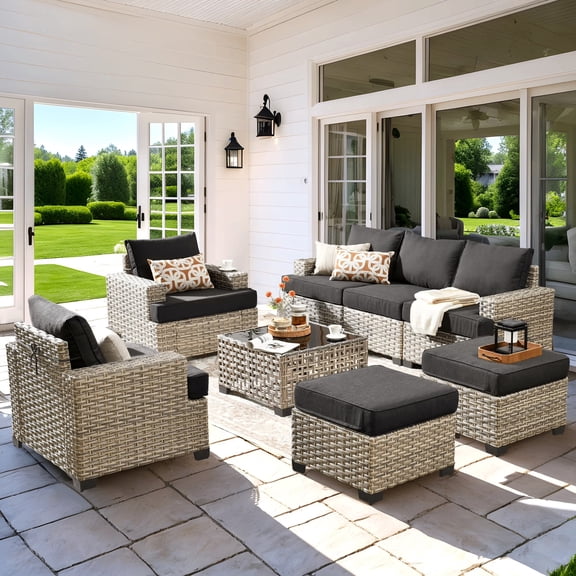 Vcatnet 8 Pieces Outdoor Patio Furniture Sectional Sofa PE Rattan Wicker Conversation Set with Solar Powered Coffee Table for Porch, Backyard, Black