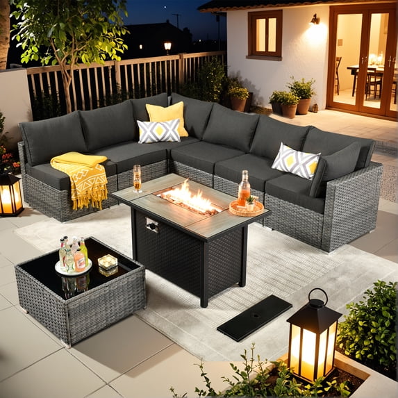 Vcatnet 8 Pieces Patio Furniture with Fire Pit Wicker Outdoor Conversation Set Outside Sectional Sofa with Coffee Table Black