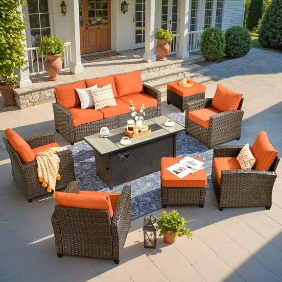 Vcatnet 8 Pieces Patio Furniture Sets with 54" Fire Pit Table, Outdoor Wicker Rattan Sectional Sofa, All Weather High Back Conversation Set with Ottoman for Porch,Backyard,Orange Red