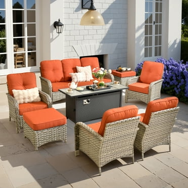 Vcatnet 8 Pieces Patio Furniture Sets with Fire Pit, Outdoor Wicker Rattan High Back Conversation Set, All Weather Sectional Sofa with Ottoman Porch, Deck, Orange Red