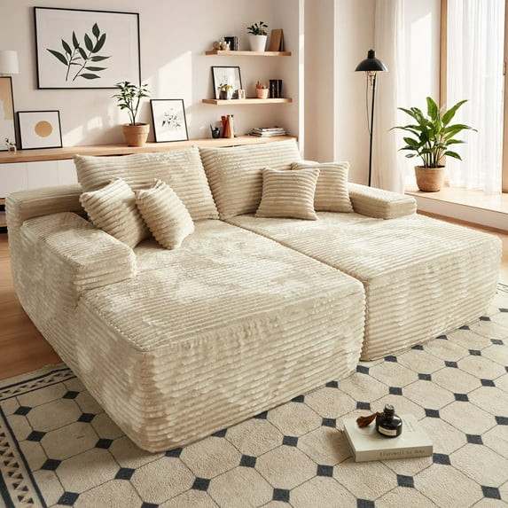 Vcatnet 81"x67" Oversized Chaise Lounge Chair Indoor Cloud Plush Corduroy Loveseat Sofa Bed Sleeper Sofa Couch for Living Room, Bedroom, Beige