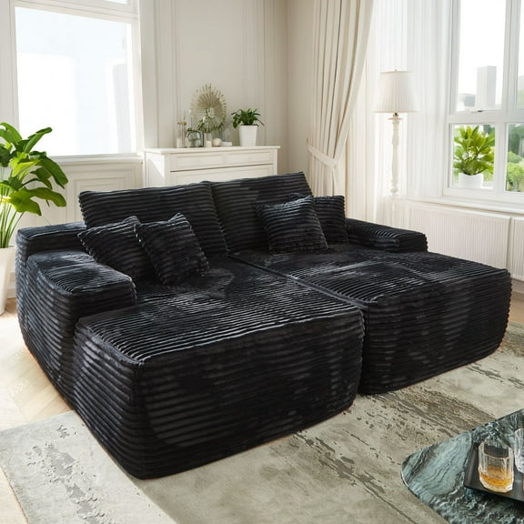 Vcatnet 81" Modular Sectional Sofa Couch Corduroy Chaise Lounge Loveseat Sofa Bed Oversized Upholstered Sleeper Sofa for Living Room and Bedroom, Black