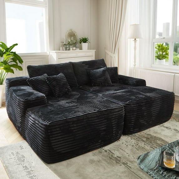 Vcatnet 81" Modular Sectional Sofa Couch Corduroy Chaise Lounge Loveseat Sofa Bed Oversized Upholstered Sleeper Sofa for Living Room and Bedroom, Black