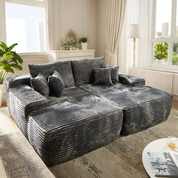 Vcatnet 81" Modular Sectional Sofa Couch Corduroy Chaise Lounge Loveseat Sofa Bed Oversized Upholstered Sleeper Sofa for Living Room and Bedroom, Gray