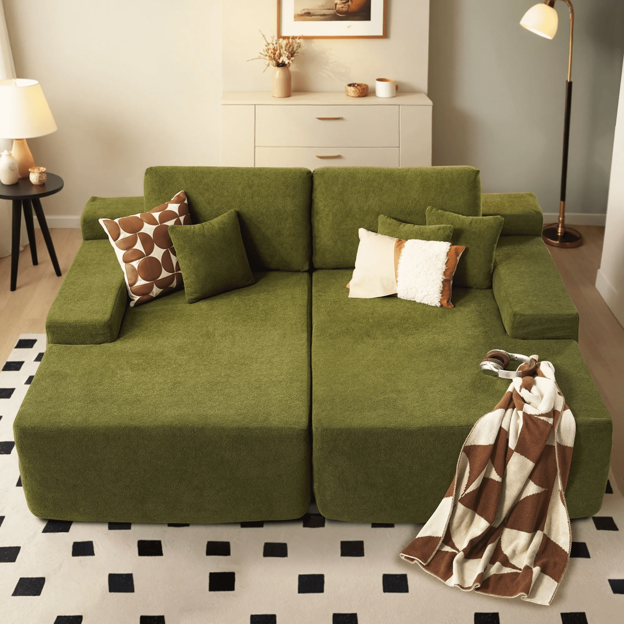 Vcatnet 81" Modular Sectional Sofa Couch Sherpa Chaise Lounge Loveseat Sofa Bed Oversized Upholstered Sleeper Sofa for Living Room and Bedroom, Green