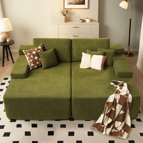 Vcatnet 81" Modular Sectional Sofa Couch Sherpa Chaise Lounge Loveseat Sofa Bed Oversized Upholstered Sleeper Sofa for Living Room and Bedroom, Green