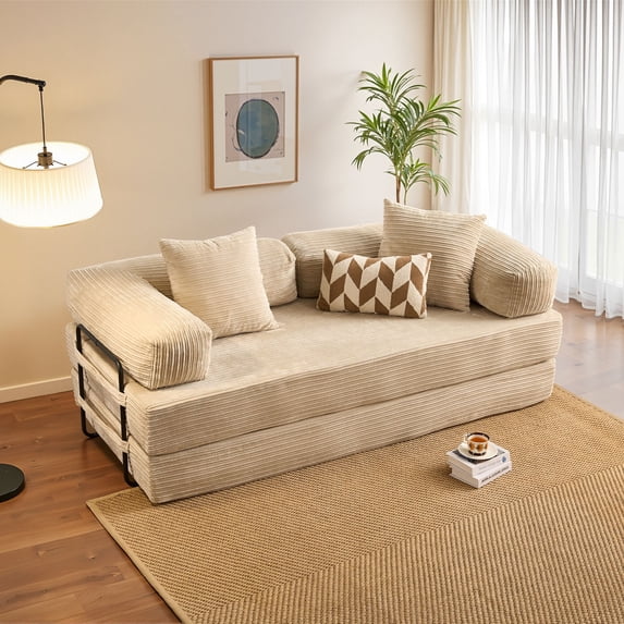 Vcatnet 80.5"x70.8" Boneless Convertible Sleeper Sofa Bed Corduroy Modular Cloud Couch Floor Sofa Foldable Lounge Couch for Living Room, Bedroom, Beige
