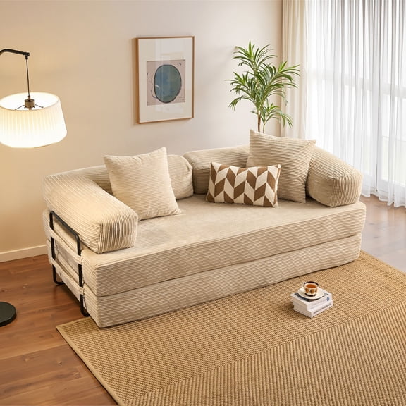 Vcatnet 80.5"x70.8" Boneless Convertible Sleeper Sofa Bed Corduroy Modular Cloud Couch Floor Sofa Foldable Lounge Couch for Living Room, Bedroom, Beige