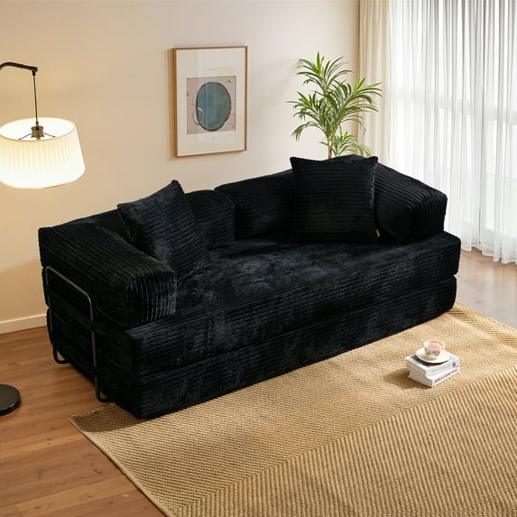 Vcatnet 81"x76" Convertible Sleeper Sofa Bed Cloud Corduroy Couch Floor Sofa Foldable Lounge Couch for Living Room, Bedroom, Black