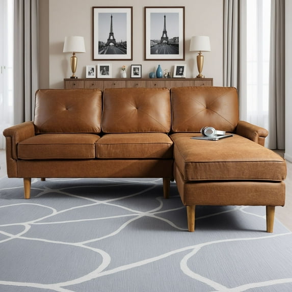 Vcatnet 86.6" L Shaped Sectional Sofa and Couch, 3-Seater Suede Leather Mid Century Modern Sofa, Comfy Couch with Chaise and Deep Seat for Living Room, Small Space, Apartment, Brown