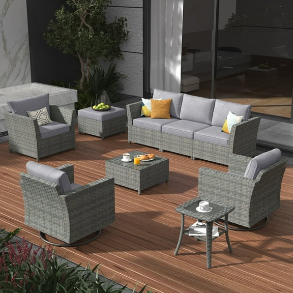 Vcatnet 9 Pieces Outdoor Patio Furniture All Weather Wicker Rattan Conversation Set with Swivel Rocking Chairs and Coffee Table,Dark Gray