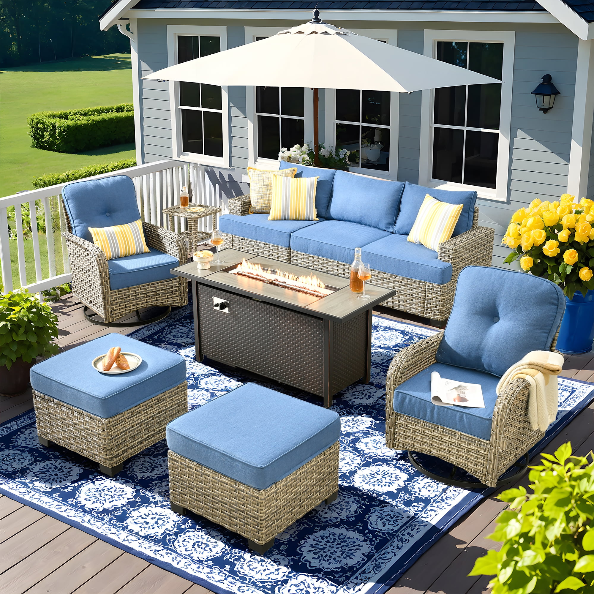Vcatnet 9 Pieces Patio Fire Pit Sets, Outdoor Patio Conversation Furniture Set, Wicker Sectional Sofa with Swivel Glider Chairs and Ottoman, Denim Blue