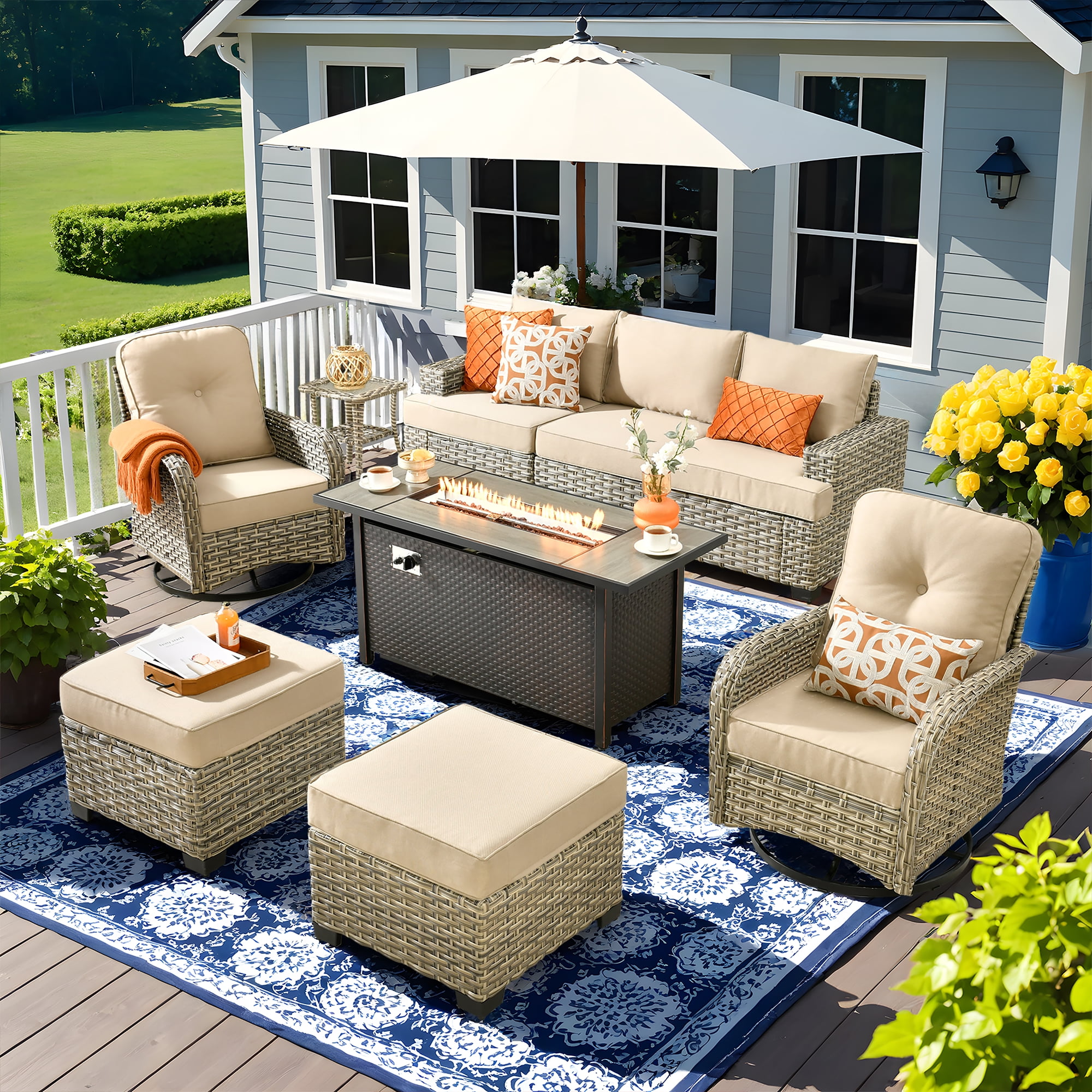 Vcatnet 9 Pieces Patio Fire Pit Sets, Outdoor Patio Conversation Furniture Set, Wicker Sectional Sofa with Swivel Glider Chairs and Ottoman, Beige