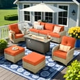 thumbnail image 1 of Vcatnet 9 Pieces Patio Fire Pit Sets, Outdoor Patio Conversation Furniture Set, Wicker Sectional Sofa with Swivel Glider Chairs and Ottoman, Orange Red, 1 of 10