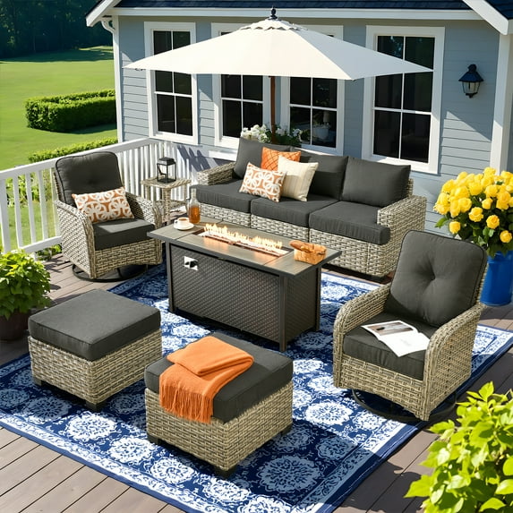 Vcatnet 9 Pieces Patio Fire Pit Sets, Outdoor Patio Conversation Furniture Set, Wicker Sectional Sofa with Swivel Glider Chairs and Ottoman, Black