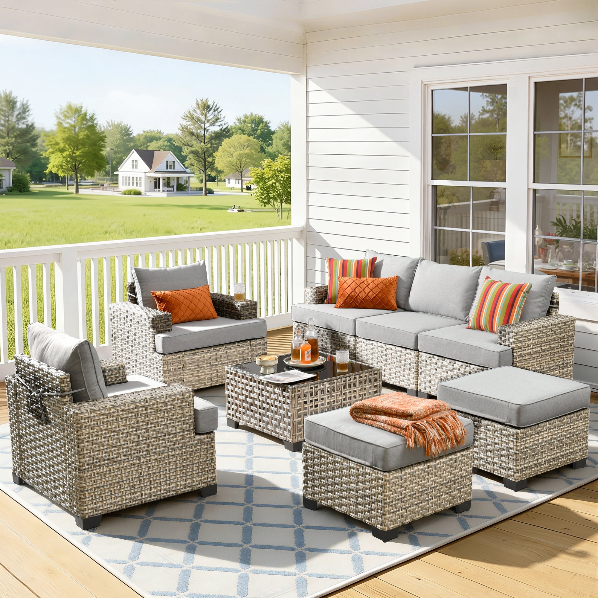 Vcatnet 8 Pieces Patio Furniture Sets PE Wicker Sectional Sofa Rattan Outdoor Conversation Set with Solar Powered Coffee Table for Porch, Backyard, Gray