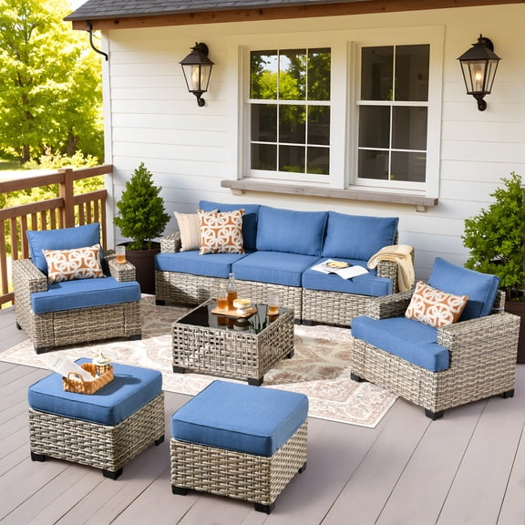 Vcatnet 8 Pieces Patio Furniture Sets PE Wicker Sectional Sofa Rattan Outdoor Conversation Set with Solar Powered Coffee Table for Porch, Backyard, Denim Blue