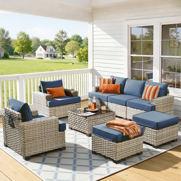 Vcatnet 8 Pieces Patio Furniture Sets PE Wicker Sectional Sofa Rattan Outdoor Conversation Set with Solar Powered Coffee Table for Porch, Backyard, Denim Blue