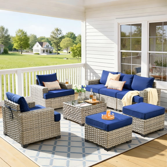 Vcatnet 8 Pieces Patio Furniture Sets PE Wicker Sectional Sofa Rattan Outdoor Conversation Set with Solar Powered Coffee Table for Porch, Backyard, Navy Blue