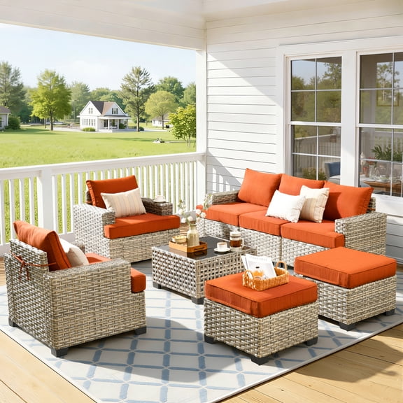 Vcatnet 8 Pieces Patio Furniture Sets PE Wicker Sectional Sofa Rattan Outdoor Conversation Set with Solar Powered Coffee Table for Porch, Backyard, Orange Red